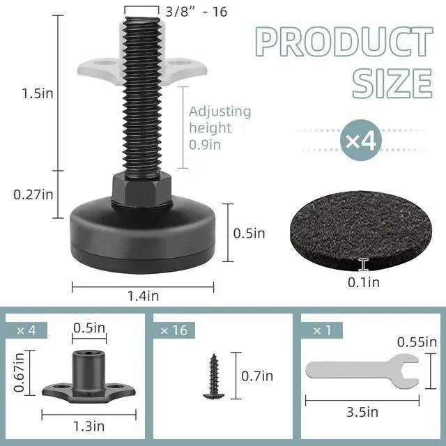Alt view image 3 of 7 - Heavy Duty Furniture Levelers, 4 Pack 3/8"-16 Threaded Leveling Feet Furniture Levelers Table Feet Adjustable Leg Levelers for Table/ Chair/Sofa/Desk/Cabinet/Workbench, Supports 1320LBs-Black