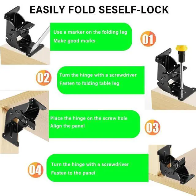 Alt view image 4 of 6 - 2 Pack Folding Brackets 0°-90°-180°, Heavy-Duty Folding Table Leg Brackets with Self-Locking Hinges, Adjustable Hardware Bracket for Table/Bed/Desk Legs (Black)