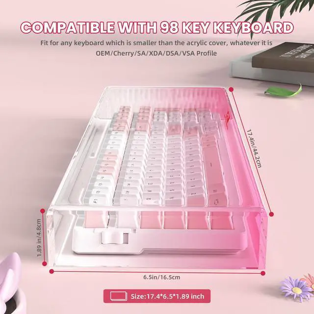 Alt view image 5 of 7 - KC04 Acrylic Clear Transparent Keyboard Cover(17.4*6.5*1.89) with Dustproof Waterproof Anti-hit Anti-cat Protective Case for Compact Layout 94/96/98Key Mechanical Gaming Keyboard(Pink)