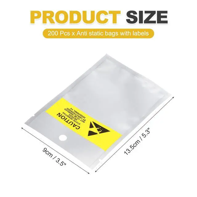 Alt view image 2 of 6 - 200 Pcs Anti Static Bags 3.5" x 5.3" Open Top with Hole ESD Shielding Bag with Labels for Hard Drive HDD SSD Electronic Device Motherboards, Silver