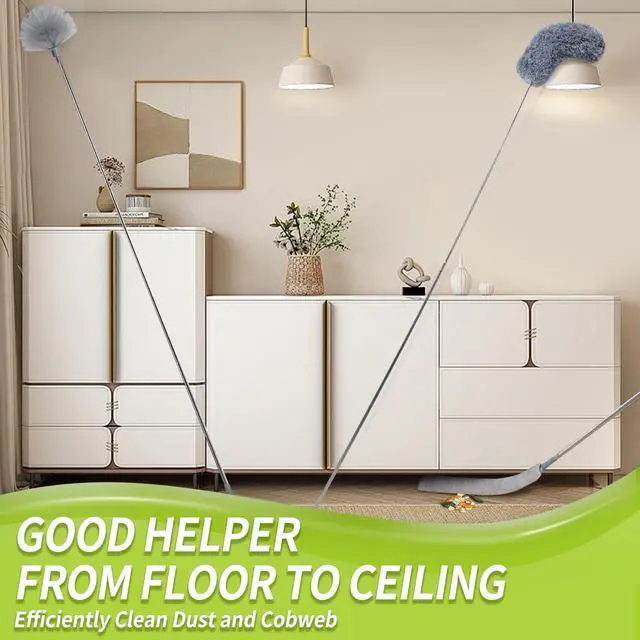 Alt view image 2 of 7 - Duster with Extension Pole, Skinny Duster/Under Appliance Cleaning Tool & Spider Web Brush & Ceiling Cleaner, 100" Microfiber Feather Cleaner with Washable Head for Fan Furniture Wall