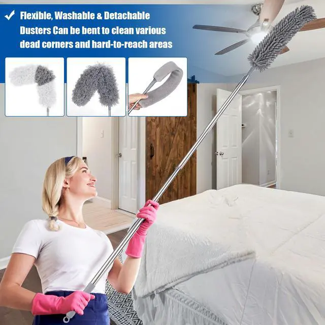 Alt view image 7 of 7 - 9PCS Dusters for Cleaning,Extendable Microfiber Duster with Extension Pole Up to 100'',Bendable Washable and Reusable Dusters Kit for Ceiling Fans, High Ceilings,Blinds