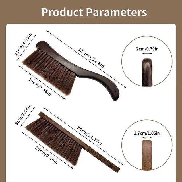 Alt view image 2 of 7 - 2 Pcs Wooden Hand Broom Brush, Dust Bench Brush Whisk Broom Soft Bristle Brush for Car Bed Furniture Clothes Couch Draft Sofa Fireplace Clothes Household Cleaning with Long Wood Handle(Brown)