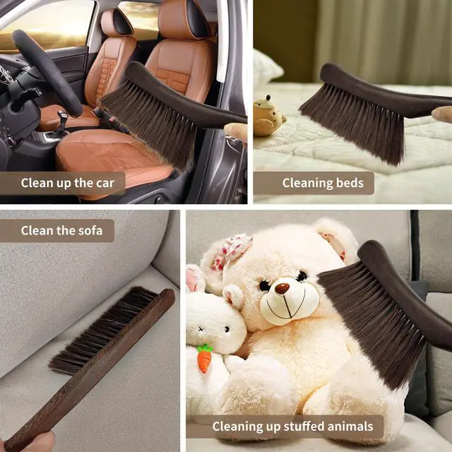 Alt view image 3 of 7 - 2 Pcs Wooden Hand Broom Brush, Dust Bench Brush Whisk Broom Soft Bristle Brush for Car Bed Furniture Clothes Couch Draft Sofa Fireplace Clothes Household Cleaning with Long Wood Handle(Brown)