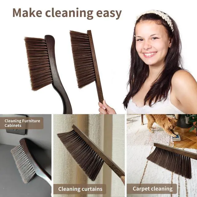 Alt view image 5 of 7 - 2 Pcs Wooden Hand Broom Brush, Dust Bench Brush Whisk Broom Soft Bristle Brush for Car Bed Furniture Clothes Couch Draft Sofa Fireplace Clothes Household Cleaning with Long Wood Handle(Brown)