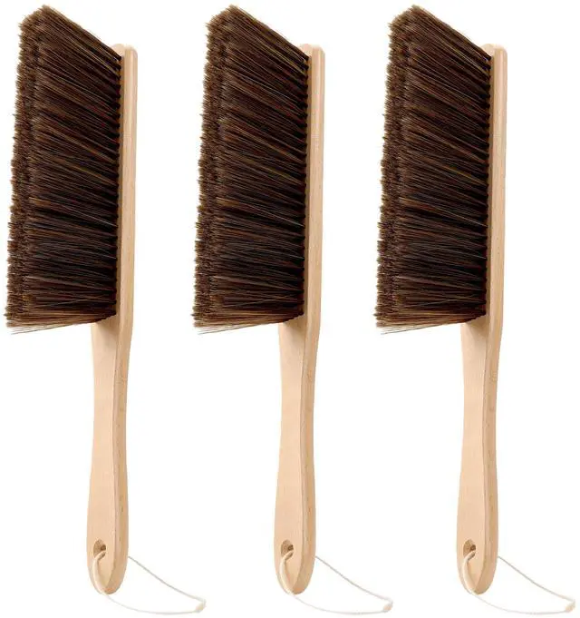 Main image of Hand Broom, 3 Pcs Dust Brush Set, 5 Rows Wider Horsehair Brush with Reinforced Fiber and Beech Wood Handle, Soft and Flexible for Furniture, Sofa, Bed, Clothes, Carpet, Counter, Bench