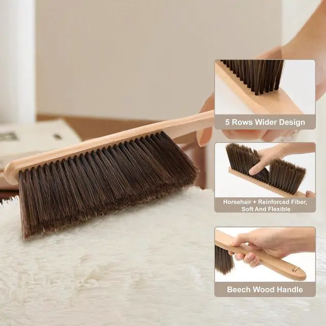 Alt view image 2 of 7 - Hand Broom, 3 Pcs Dust Brush Set, 5 Rows Wider Horsehair Brush with Reinforced Fiber and Beech Wood Handle, Soft and Flexible for Furniture, Sofa, Bed, Clothes, Carpet, Counter, Bench