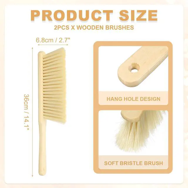 Alt view image 2 of 6 - 2pcs Wooden Dust Brush, 14 Inch Hand Broom Cleaning Brush Soft Bristle with Wood Handle for Bench, Car, Sofa, Bed, Fireplace Yellow