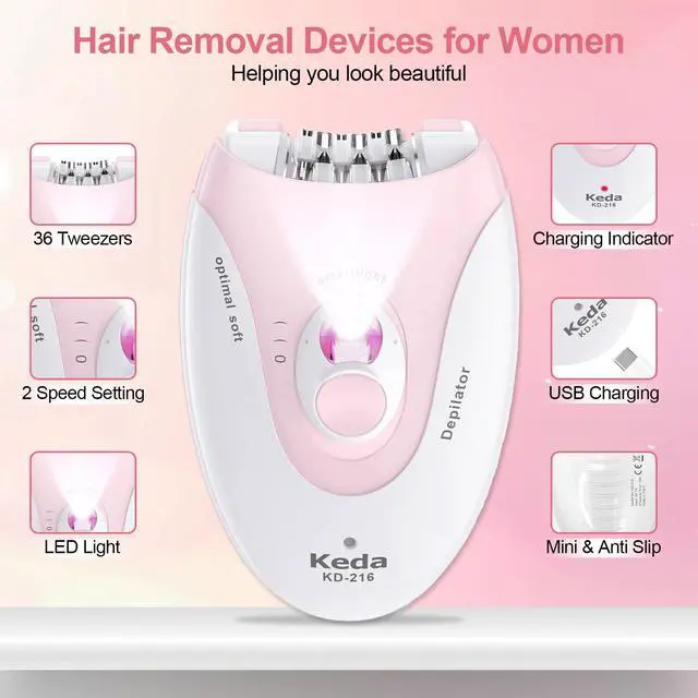 Alt view image 2 of 7 - Epilator for Women, 2 Speeds Facial Hair Removal Device with LED Light, 36 Tweezers & Massage Pad, Rechargeable Epilator Hair Removal for Armpit, Arm, Leg, Bikini, Face, Body