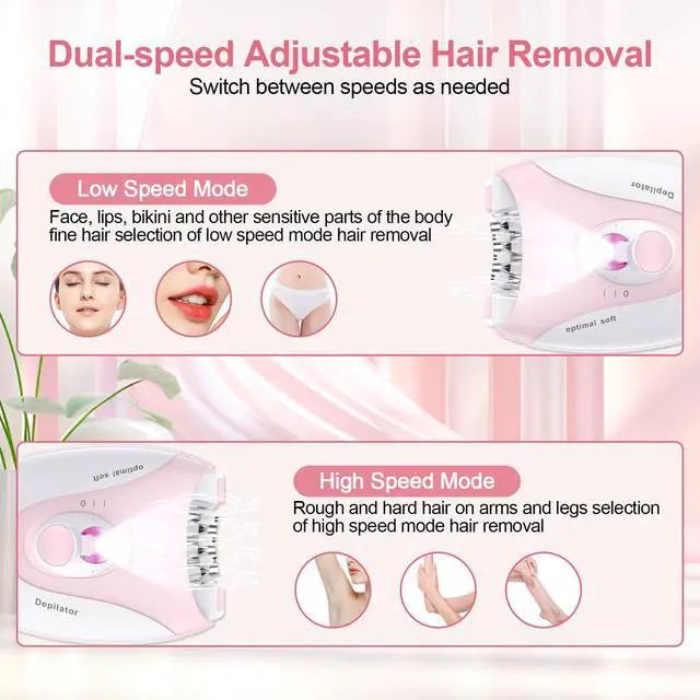 Alt view image 3 of 7 - Epilator for Women, 2 Speeds Facial Hair Removal Device with LED Light, 36 Tweezers & Massage Pad, Rechargeable Epilator Hair Removal for Armpit, Arm, Leg, Bikini, Face, Body