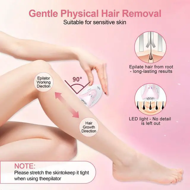 Alt view image 5 of 7 - Epilator for Women, 2 Speeds Facial Hair Removal Device with LED Light, 36 Tweezers & Massage Pad, Rechargeable Epilator Hair Removal for Armpit, Arm, Leg, Bikini, Face, Body
