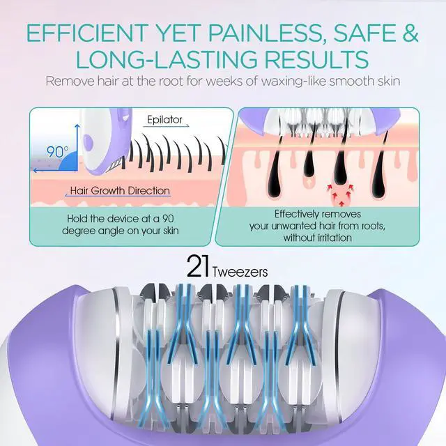 Alt view image 3 of 7 - Epilators Hair Removal for Women with 21 Tweezers & LED Light, 2 Speeds Cordless Epilator for Women, Electric Hair Removal Epilators Rechargeable for Arms & Legs HR110 (Purple)
