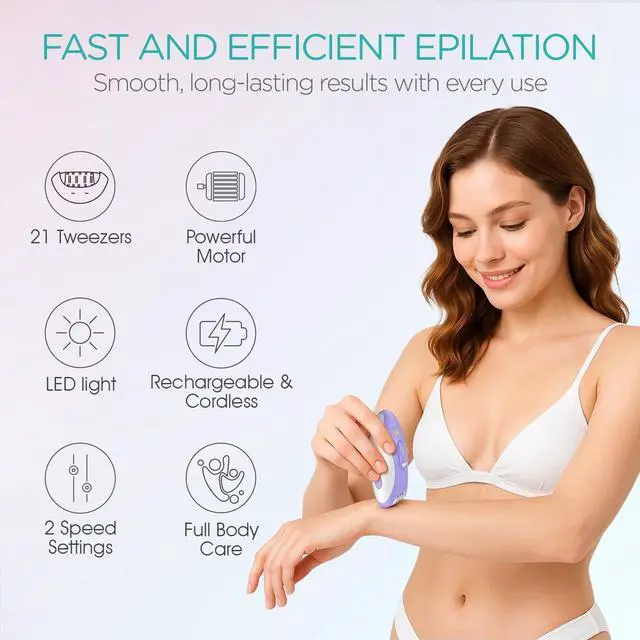 Alt view image 2 of 7 - Epilators Hair Removal for Women with 21 Tweezers & LED Light, 2 Speeds Cordless Epilator for Women, Electric Hair Removal Epilators Rechargeable for Arms & Legs HR110 (Purple)