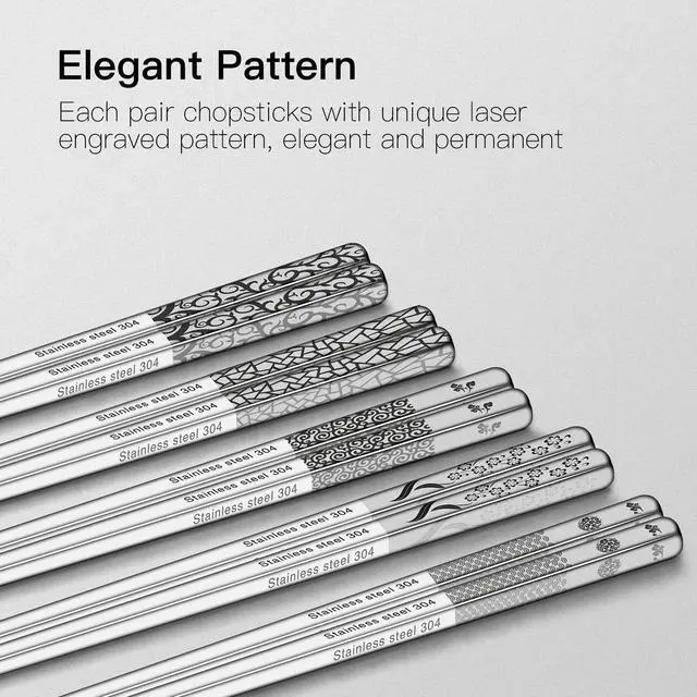 Alt view image 3 of 7 - Metal Chopsticks Reusable 18/8 Stainless Steel Chopsticks Multipack Dishwasher Safe Chop Sticks Cute Laser Engraved Non-slip Japanese Korean Chopstick for Cooking Eating 9 1/4 Inches 5 Pairs Gift Set