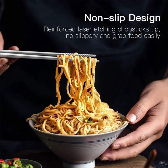 Alt view image 4 of 7 - Metal Chopsticks Reusable 18/8 Stainless Steel Chopsticks Multipack Dishwasher Safe Chop Sticks Cute Laser Engraved Non-slip Japanese Korean Chopstick for Cooking Eating 9 1/4 Inches 5 Pairs Gift Set