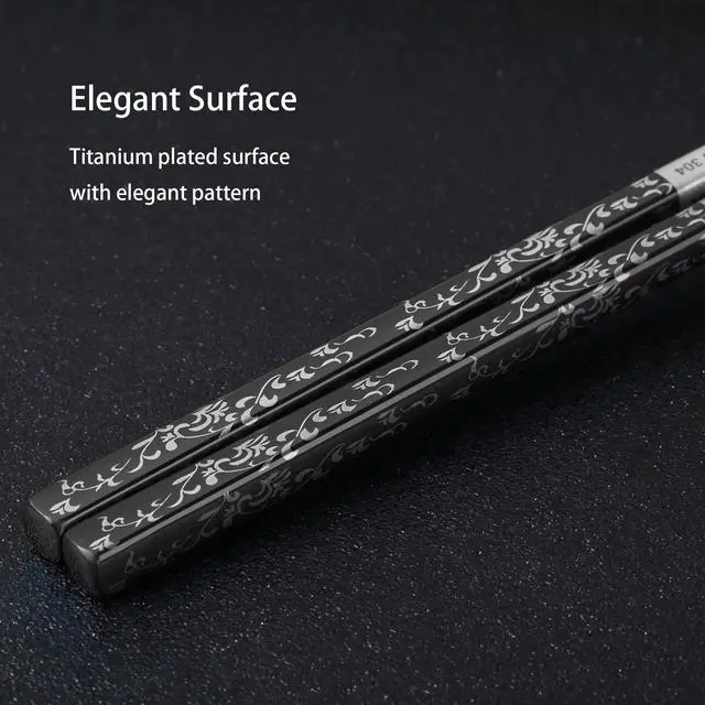 Alt view image 2 of 7 - Stainless Steel Chopsticks Titanium Plated Metal Chopsticks Reusable Dishwasher safe Premium Japanese Korean Chopstick Laser Engraved Anti-slip Chop Sticks for Eating 2 Pairs Gift Set Black Silver