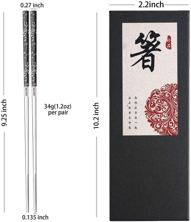 Alt view image 6 of 7 - Stainless Steel Chopsticks Titanium Plated Metal Chopsticks Reusable Dishwasher safe Premium Japanese Korean Chopstick Laser Engraved Anti-slip Chop Sticks for Eating 2 Pairs Gift Set Black Silver