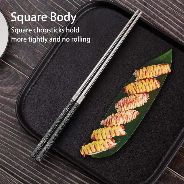 Alt view image 4 of 7 - Stainless Steel Chopsticks Titanium Plated Metal Chopsticks Reusable Dishwasher safe Premium Japanese Korean Chopstick Laser Engraved Anti-slip Chop Sticks for Eating 2 Pairs Gift Set Black Silver