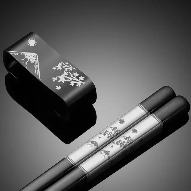 Alt view image 2 of 7 - Premium 304 Stainless Steel Chopsticks Set - 2 Pairs Titanium Plated Japanese Style with Laser Engraved Design, Dishwasher Safe, Non-Slip Grip, Elegant Gift Box (Black)