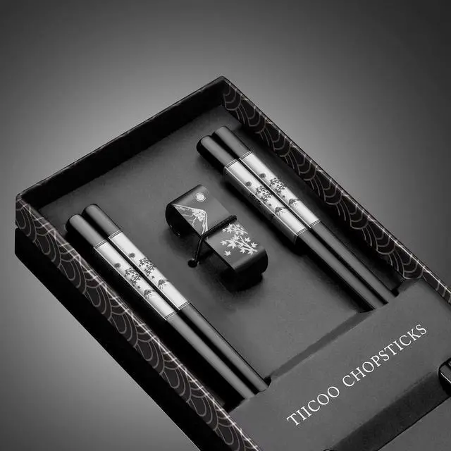 Alt view image 3 of 7 - Premium 304 Stainless Steel Chopsticks Set - 2 Pairs Titanium Plated Japanese Style with Laser Engraved Design, Dishwasher Safe, Non-Slip Grip, Elegant Gift Box (Black)