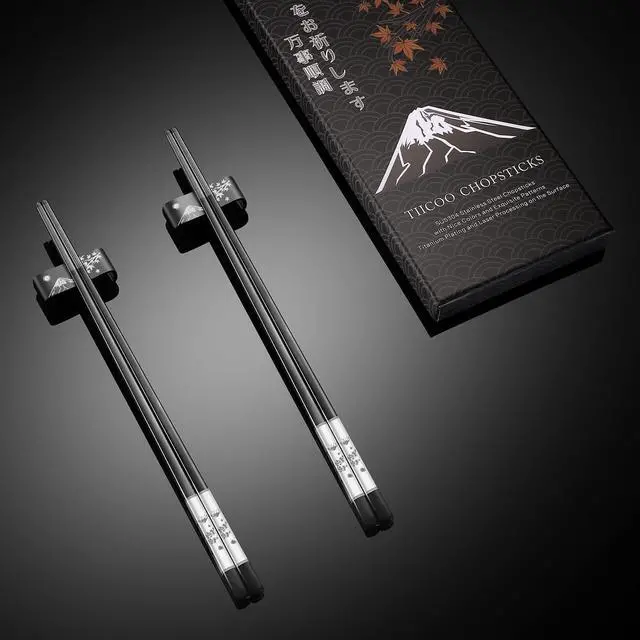 Alt view image 4 of 7 - Premium 304 Stainless Steel Chopsticks Set - 2 Pairs Titanium Plated Japanese Style with Laser Engraved Design, Dishwasher Safe, Non-Slip Grip, Elegant Gift Box (Black)