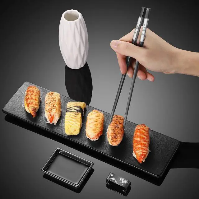Alt view image 6 of 7 - Premium 304 Stainless Steel Chopsticks Set - 2 Pairs Titanium Plated Japanese Style with Laser Engraved Design, Dishwasher Safe, Non-Slip Grip, Elegant Gift Box (Black)