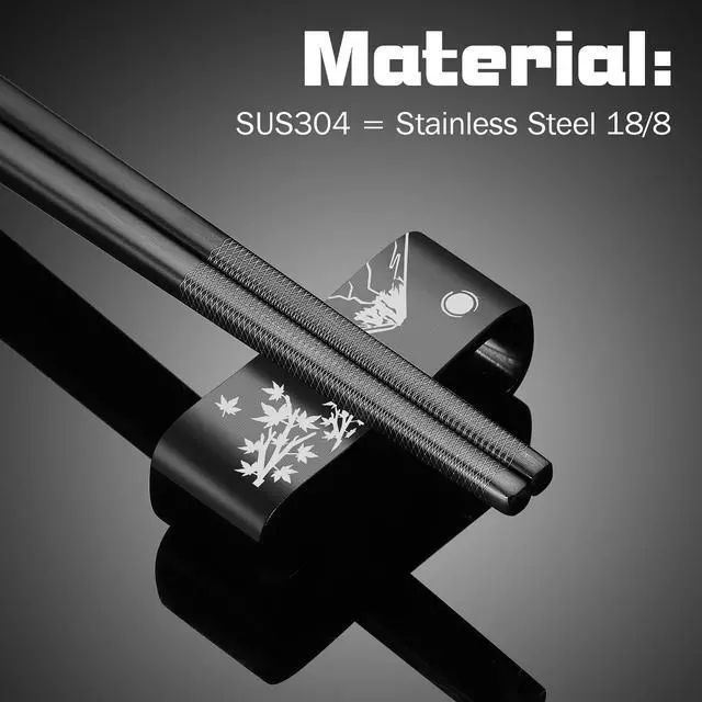 Alt view image 7 of 7 - Premium 304 Stainless Steel Chopsticks Set - 2 Pairs Titanium Plated Japanese Style with Laser Engraved Design, Dishwasher Safe, Non-Slip Grip, Elegant Gift Box (Black)