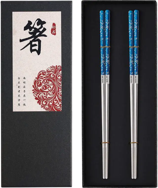 Main image of Titanium Plated Chopstick Stainless Steel Chopsticks Metal Chopsticks Reusable Dishwasher safe Premium Laser Engraved Chop Sticks for Eating 2 Pairs Gift Set Blue Silver