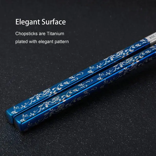 Alt view image 2 of 7 - Titanium Plated Chopstick Stainless Steel Chopsticks Metal Chopsticks Reusable Dishwasher safe Premium Laser Engraved Chop Sticks for Eating 2 Pairs Gift Set Blue Silver