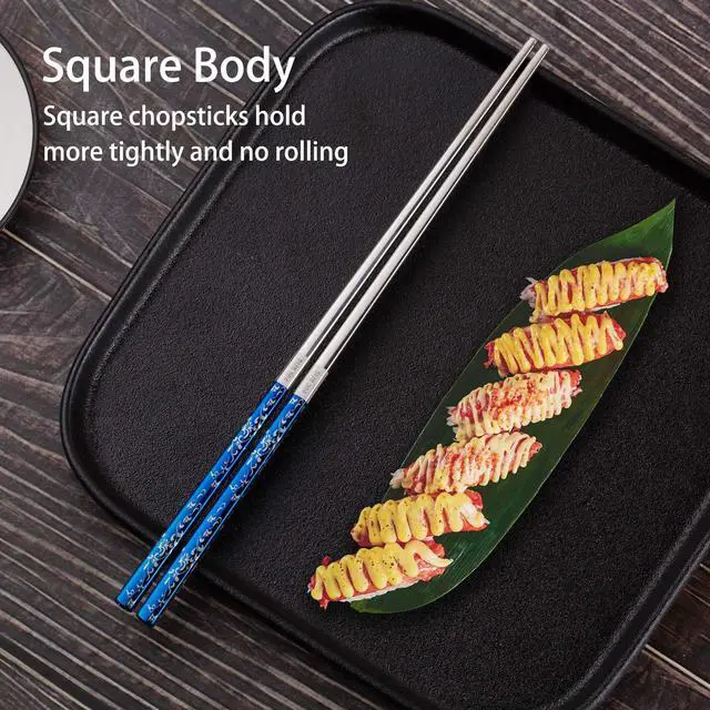 Alt view image 4 of 7 - Titanium Plated Chopstick Stainless Steel Chopsticks Metal Chopsticks Reusable Dishwasher safe Premium Laser Engraved Chop Sticks for Eating 2 Pairs Gift Set Blue Silver