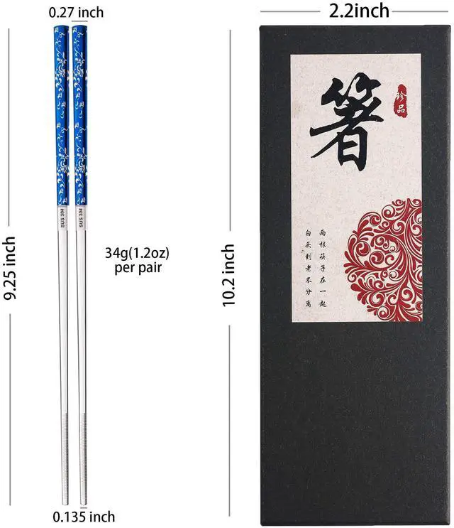 Alt view image 6 of 7 - Titanium Plated Chopstick Stainless Steel Chopsticks Metal Chopsticks Reusable Dishwasher safe Premium Laser Engraved Chop Sticks for Eating 2 Pairs Gift Set Blue Silver
