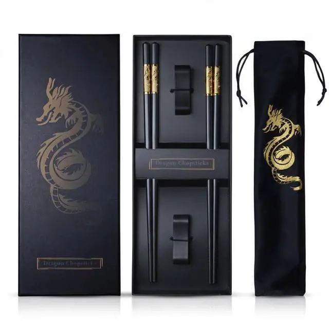 Main image of Golden Dragon Chopsticks Set-Premium Alloy Metal Reusable Chopsticks with Holder & Gift Bag, Traditional Chinese & Japanese Style Design, Dishwasher Safe, Elegant Gift Box (2 Pairs)