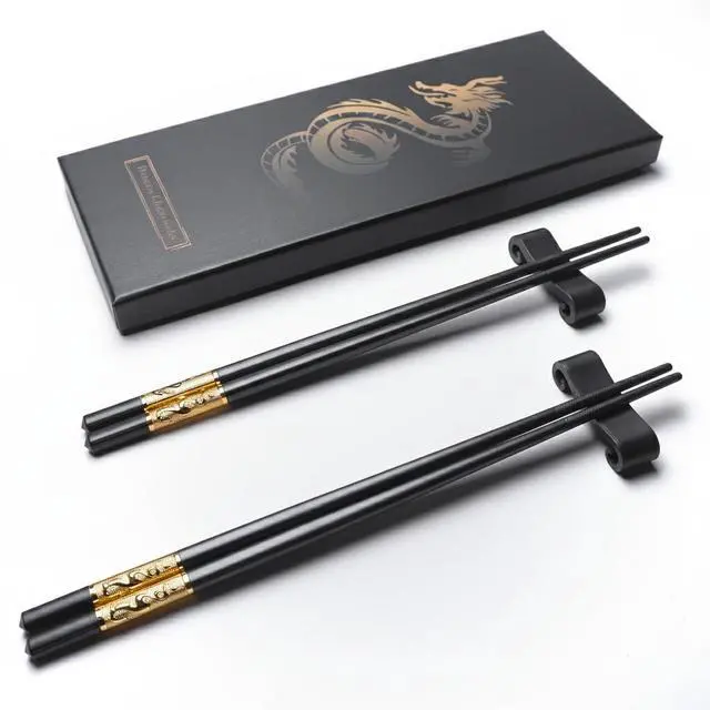 Alt view image 3 of 7 - Golden Dragon Chopsticks Set-Premium Alloy Metal Reusable Chopsticks with Holder & Gift Bag, Traditional Chinese & Japanese Style Design, Dishwasher Safe, Elegant Gift Box (2 Pairs)