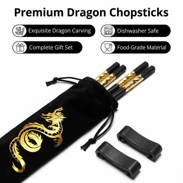 Alt view image 2 of 7 - Golden Dragon Chopsticks Set-Premium Alloy Metal Reusable Chopsticks with Holder & Gift Bag, Traditional Chinese & Japanese Style Design, Dishwasher Safe, Elegant Gift Box (2 Pairs)