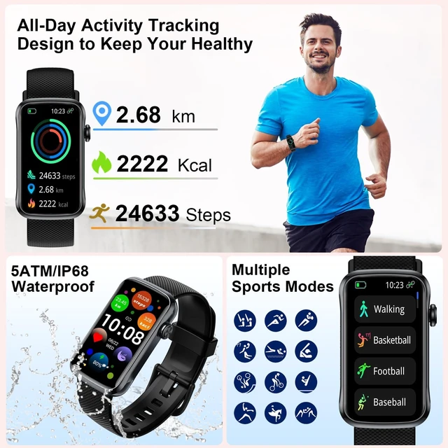 Alt view image 3 of 7 - Smart Watch for Men Women, 2026 New 1.47" HD Smartwatch, Fitness Tracker with 110+ Sport Modes, IP68 Waterproof Pedometer, Heart Rate/Sleep/Step Monitor for Android iOS, Black