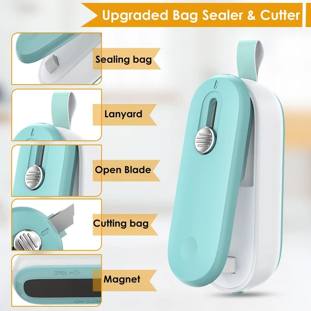 Alt view image 2 of 7 - Mini Bag Sealer, 2 in 1 Bag Sealer Heat Seal with Cutter and with Lanyard, Mini Bag Resealer Machine for Plastic Bags Snack Bags Food Storage (Batteries Included)