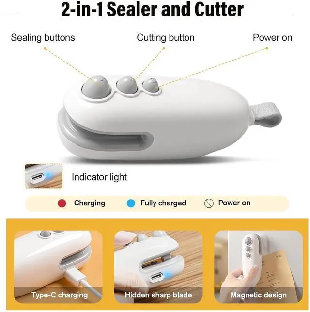 Alt view image 3 of 7 - 2Pcs Mini Bag Sealer 2 in 1Heat Sealer with Cutter and Magnet Portable handheld Rechargeable Food Bag Sealer Plastic Bag Sealing Machine for Snacks, Chips& Food Storage (white)