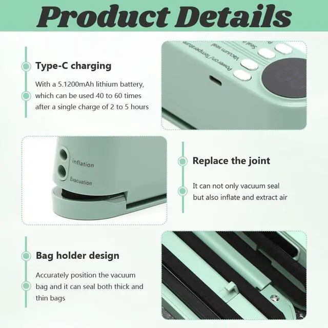 Alt view image 5 of 6 - Mini Vacuum Sealer for Food, 3 in 1 Cordless Rechargeable Bag Heat Sealer for Dry/Moist Food Storage with 4 Snack Bags for Snacks Food Storage(COLOR:Green)
