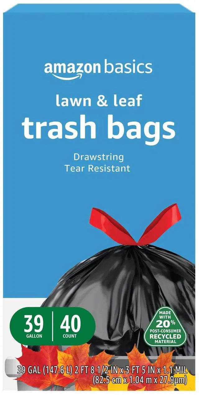 Main image of 39 Gallon Lawn & Leaf Heavy Duty Drawstring Trash Bags, 20% Post Consumer Recycled, 40 Count, Black