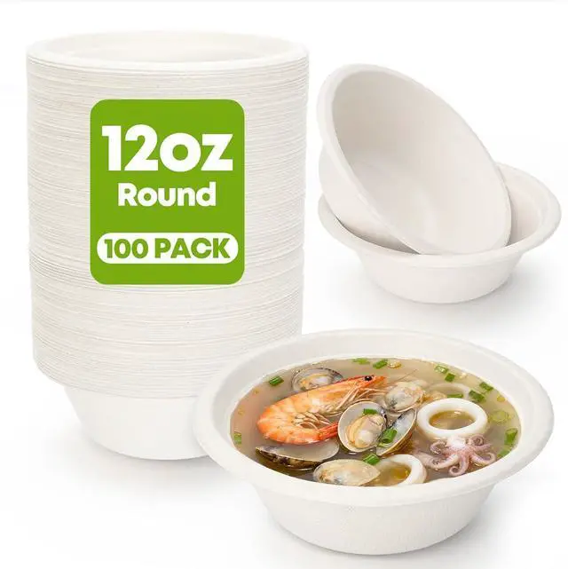 Main image of 12 oz Paper Bowls, 100-Count Disposable Compostable Bowls, Microwave Safe & Heavy Duty, Biodegradable Sugarcane Fiber Bowl for Hot Soup, Salad, Snacks, and Party Use