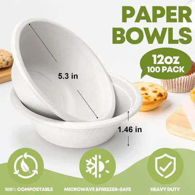 Alt view image 2 of 7 - 12 oz Paper Bowls, 100-Count Disposable Compostable Bowls, Microwave Safe & Heavy Duty, Biodegradable Sugarcane Fiber Bowl for Hot Soup, Salad, Snacks, and Party Use