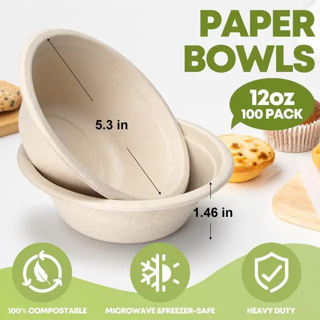 Alt view image 2 of 7 - W&Y 12 oz Paper Bowls, 100-Count Disposable Compostable Bowls, Microwave Safe & Heavy Duty, Biodegradable Sugarcane Fiber Bowl for Hot Soup, Salad, Snacks, and Party Use