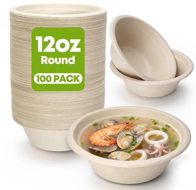 Main image of W&Y 12 oz Paper Bowls, 100-Count Disposable Compostable Bowls, Microwave Safe & Heavy Duty, Biodegradable Sugarcane Fiber Bowl for Hot Soup, Salad, Snacks, and Party Use