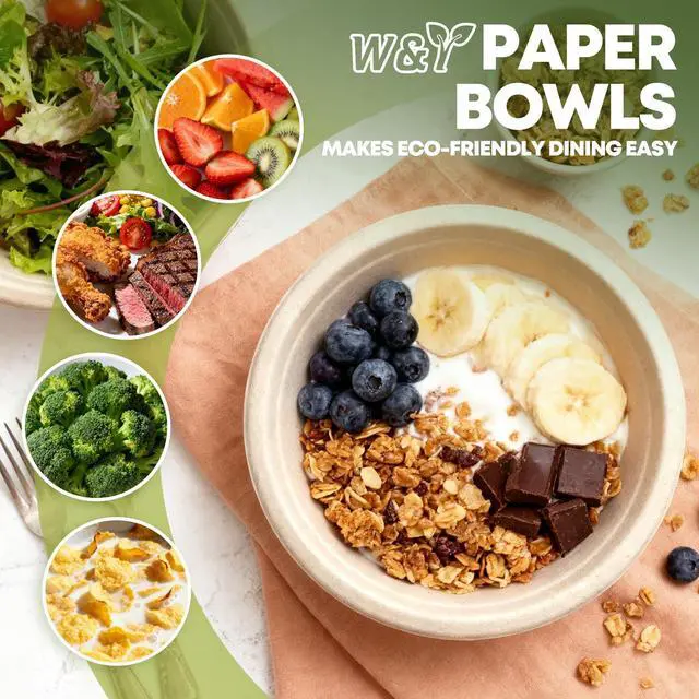 Alt view image 7 of 7 - W&Y 12 oz Paper Bowls, 100-Count Disposable Compostable Bowls, Microwave Safe & Heavy Duty, Biodegradable Sugarcane Fiber Bowl for Hot Soup, Salad, Snacks, and Party Use