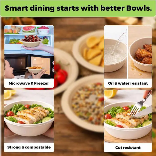 Alt view image 6 of 6 - 100-Pack 12 oz Disposable Paper Bowls Heavy-Duty, Compostable, Eco-Friendly Bagasse Bowls for Parties, Restaurants & Catering