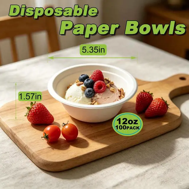 Alt view image 3 of 7 - 12 Oz Disposable Paper Bowls - 100 Pack Compostable Sugarcane Bowls, Heavy Duty Microwave Safe Bowls for Soup, Salad, Party, Home, Office, Takeout, Eco Friendly Biodegradable Bowls White