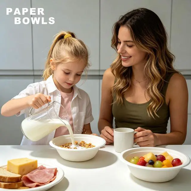 Alt view image 5 of 7 - 12 Oz Disposable Paper Bowls - 100 Pack Compostable Sugarcane Bowls, Heavy Duty Microwave Safe Bowls for Soup, Salad, Party, Home, Office, Takeout, Eco Friendly Biodegradable Bowls White
