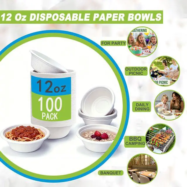 Alt view image 7 of 7 - 12 Oz Disposable Paper Bowls - 100 Pack Compostable Sugarcane Bowls, Heavy Duty Microwave Safe Bowls for Soup, Salad, Party, Home, Office, Takeout, Eco Friendly Biodegradable Bowls White