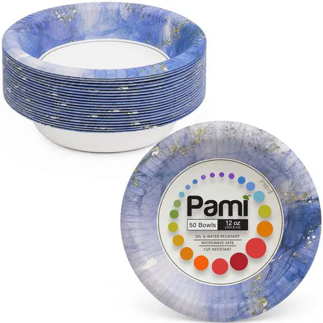 Main image of Disposable Paper Bowls 12 oz, Pack of 50 Bowls, Sapphire Mist Collection Heavy Duty Soup Bowls, Oil & Water Resistant, Microwave Safe