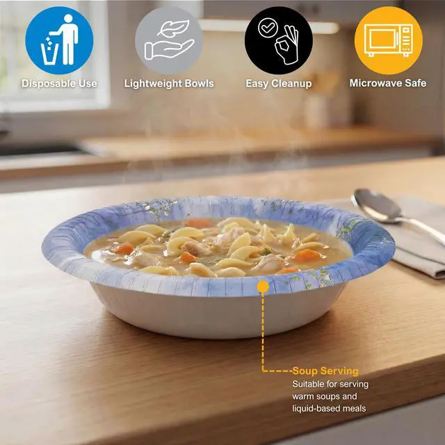 Alt view image 5 of 7 - Disposable Paper Bowls 12 oz, Pack of 50 Bowls, Sapphire Mist Collection Heavy Duty Soup Bowls, Oil & Water Resistant, Microwave Safe